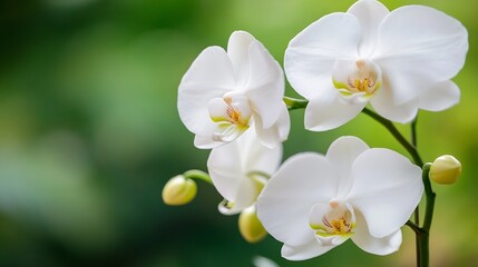 Fototapeta premium Close-up of three elegant white phalaenopsis orchids, showcasing their delicate petals and vibrant yellow centers against a soft green bokeh background. : Generative AI