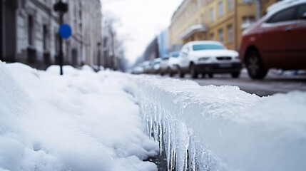 Icy curb with icicles hanging down, winter city street scene, blurred cars and buildings in background, snow on ground. : Generative AI