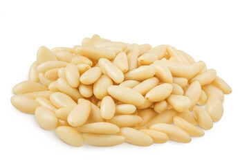 Shelled European pine nuts isolated on white background with full depth of field