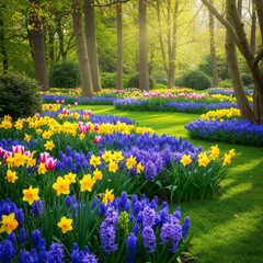 Vibrant Spring Garden with Tulips Daffodils and Hyacinths