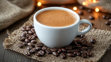 Naklejka premium Steaming Cup of Coffee with Roasted Beans and Festive Bokeh Lights on a Rustic Background