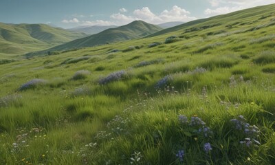 Fototapeta premium Rolling hills of emerald grass, wildflowers scattered , green hills, summer