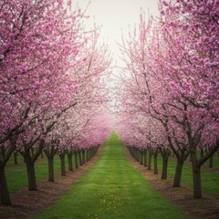 Fototapeta premium Pink Cherry Blossom Trees in a Spring Orchard
