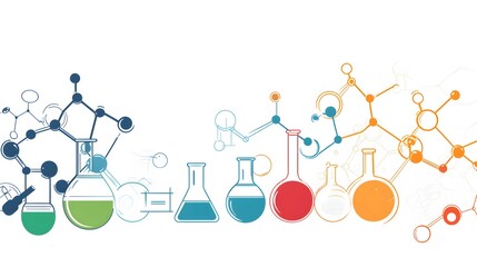 Colorful scientific illustration with beakers and molecules.