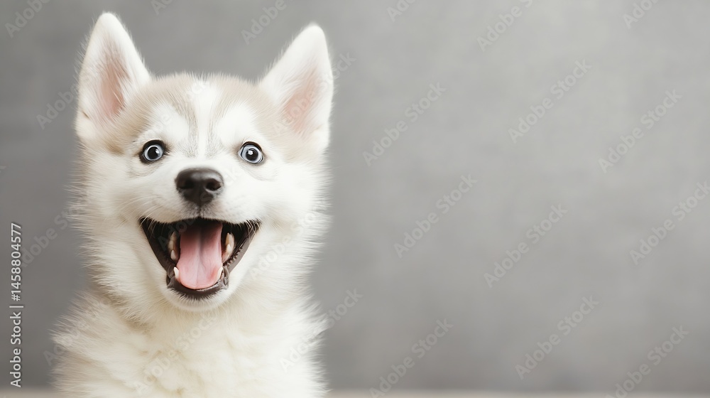 Poster adorable siberian husky puppy with open mouth and bright blue eyes, posing against a gray background