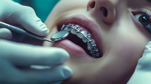 A close-up of a young patient with dental braces being examined by a dentist using an instrument and a mirror.