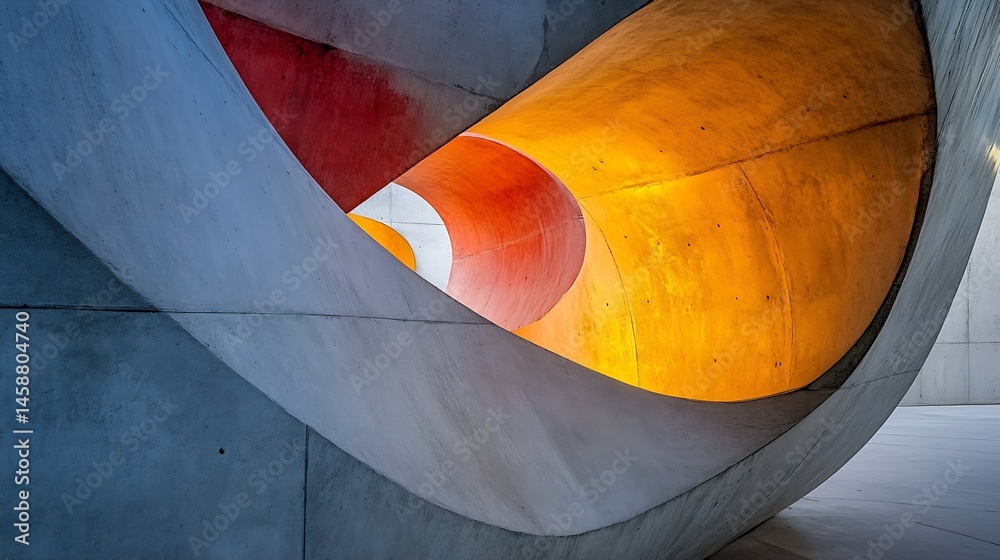 Fototapete Abstract architectural curves in grey, red, and gold hues create a dynamic, visually striking composition, showcasing interplay of light and shadow within a modern structure. : Generative AI