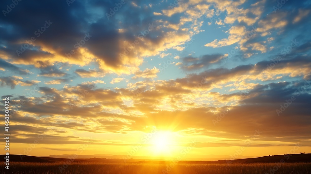 Poster golden sunset over a vast field, vibrant cloudscape with sun rays illuminating the landscape, creati