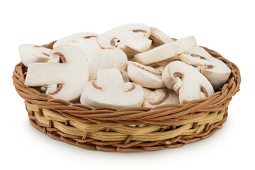 Fresh mushroom champignon slices in a wicker basket isolated on white background