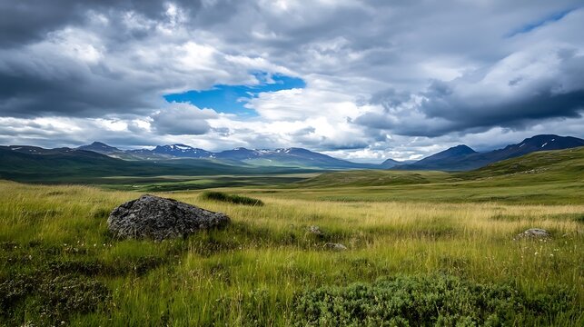Serene landscape featuring a vast grassy plain, a solitary rock, and snow-capped mountains under a dramatic sky with fluffy clouds. : Generative AI