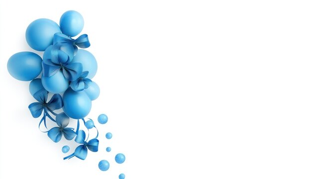 Blue balloons and ribbons on white background festive decoration
