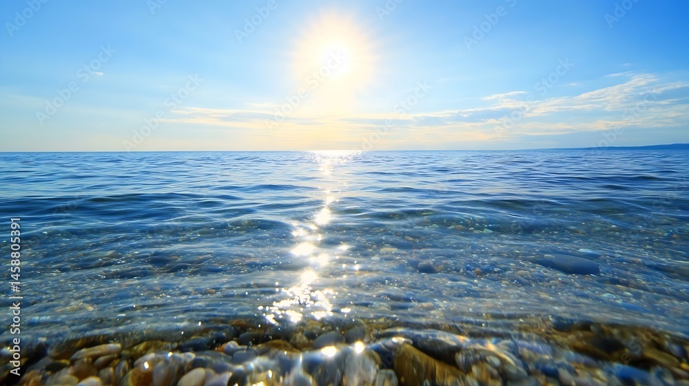 Poster Stunning view of a calm sea under a bright sun, with clear water revealing pebbles and stones on the seabed. The sun's rays create a radiant path across the water's surface. : Generative AI