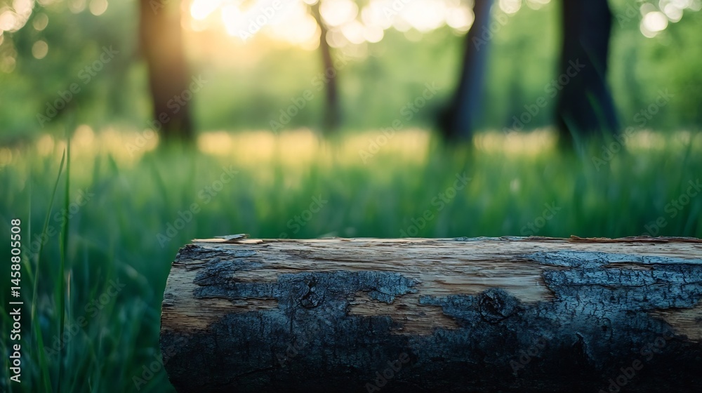 Poster A weathered tree trunk rests peacefully in a sun-dappled forest clearing, surrounded by vibrant green grass and blurred trees in the background, creating a tranquil nature scene. : Generative AI