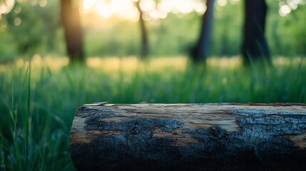 Fototapeta premium A weathered tree trunk rests peacefully in a sun-dappled forest clearing, surrounded by vibrant green grass and blurred trees in the background, creating a tranquil nature scene. : Generative AI
