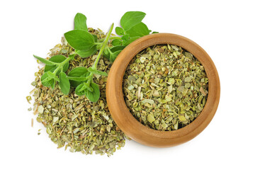 Oregano or marjoram leaves fresh and dry in wooden bowl isolated on white background