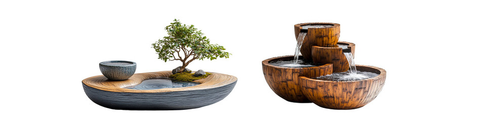 Fototapeta premium Modern tabletop zen fountains with wood and stone design, transparent background.