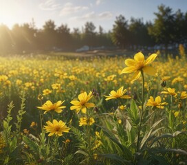 Obraz premium Vibrant yellow flower blossoms in sunlit summer field , landscape, macro, meadow