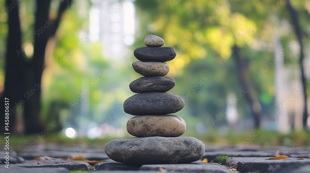 Poster serene stack of stones in a tranquil park setting, balanced rocks on a cobblestone path, nature phot