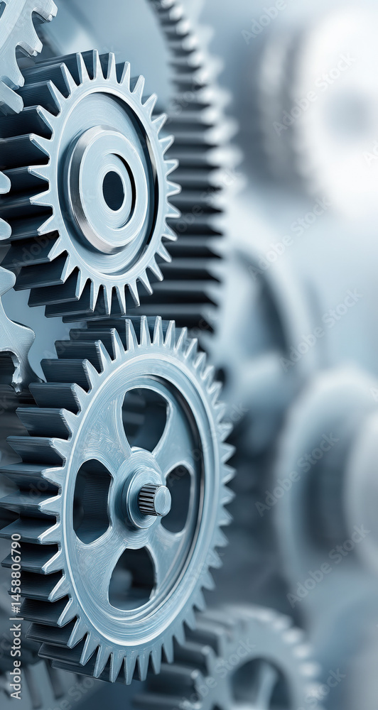 Poster Close-up detailed view of interlocking metal gears, showcasing intricate design and mechanical precision.  The image emphasizes industrial machinery and complex engineering.