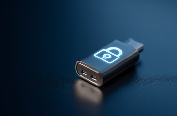 Single USB drive with glowing lock symbol placed on reflective surface, symbolizing data security and encryption