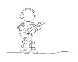 Minimalist one line drawing of a robot playing guitar while wearing headphones. Futuristic music technology concept. Simple, modern, creative art.