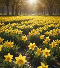 Obraz premium Sunlit daffodil field, vibrant yellow petals glistening , spring, nature photography