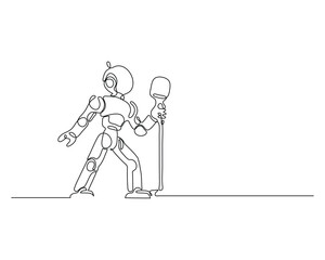 Minimalist one line drawing of a robot singing into a microphone. Futuristic music performance concept. Simple, creative, modern digital art.