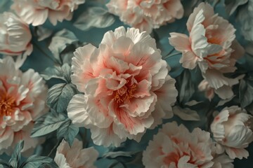 Beautiful peonies bloom gracefully against a soft blue backdrop, capturing the essence of spring's arrival and nature's artistry