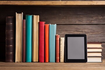 Digital age learning: A shelf with colorful books and a modern tablet device