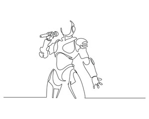 One line drawing of a futuristic robot dynamically singing into a microphone. Minimalist concept of technology, music, and modern digital art in performance.