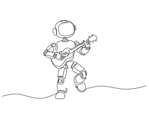 One line drawing of a robot playing guitar with energy and style. Minimalist futuristic artwork blending technology, music, and creativity in modern digital expression.