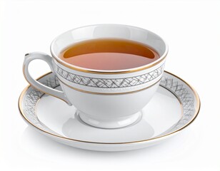 Elegantly designed cup filled with tea on a matching saucer, isolated on a white backdrop