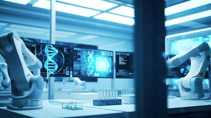 modern medical laboratory — scientists in clean lab coats working with advanced equipment, robotic arms moving samples, and digital monitors displaying DNA sequences and medical data - Powered by Adobe