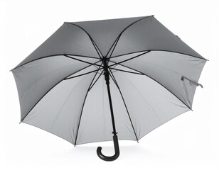 Open, light-gray umbrella with a curved handle