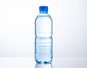 Clear plastic bottle filled with pure water on a shiny surface, simple