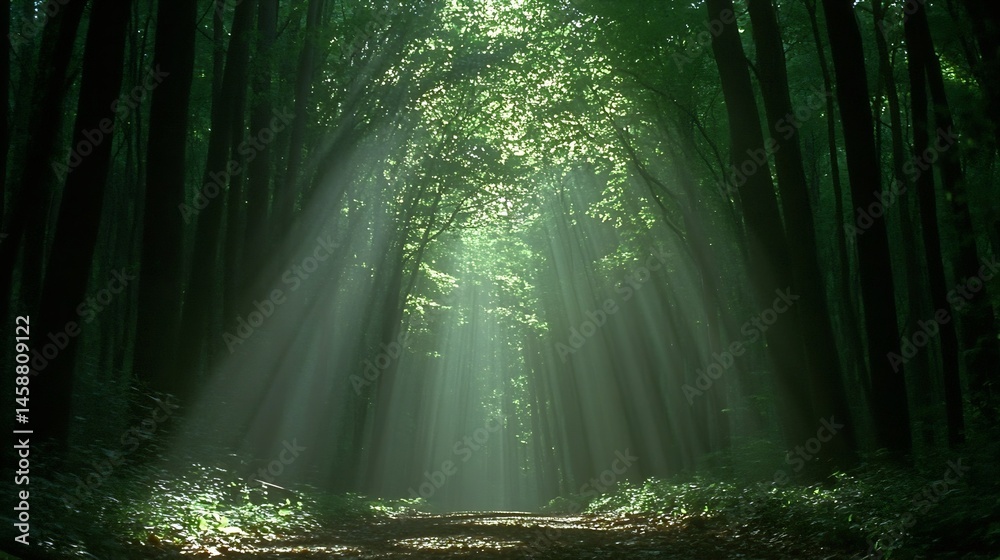 Aufkleber Sunbeams illuminate a mystical path winding through a dense, verdant forest, creating an ethereal and serene atmosphere. : Generative AI