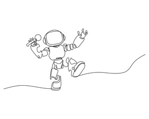 Continuous line art of a robot singing with a microphone, energetically performing. Futuristic technology meets lively entertainment in this minimalistic digital sketch.