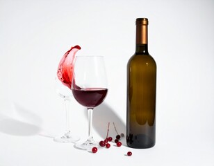 Wine splash near full glass, alongside unopened bottle and berries on white surface in studio