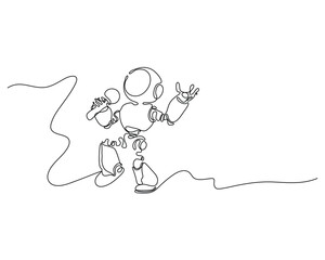 Minimalistic line drawing of a robot singing with a microphone, lively pose and playful movement. Futuristic character sketch showcasing music and technology fusion.