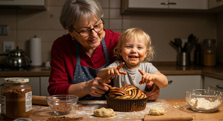 Grandmother and child baking babka in kitchen