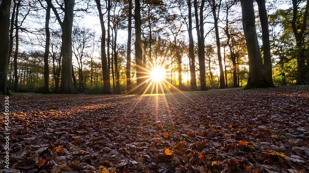 Poster Sunbeams illuminate a forest floor covered in fallen autumn leaves, creating a magical, serene autumnal scene at sunset. : Generative AI