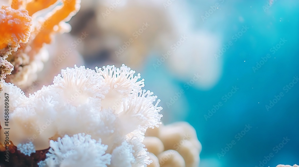 Poster close-up view of delicate white sea anemone polyps extending from coral reef, vibrant turquoise ocea