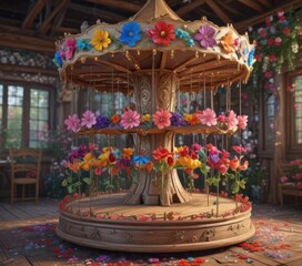Whimsical floral carousel, vibrant blooms on rustic wood , daisy, sunflower, macro