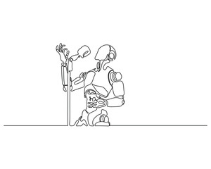 Continuous line drawing of a robot passionately singing into a microphone on a stand, expressive and emotional performance, futuristic minimalistic art blending technology and music.