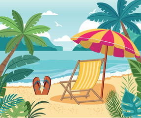 Deckchair and beach umbrella and  flip flop on the sand coast.