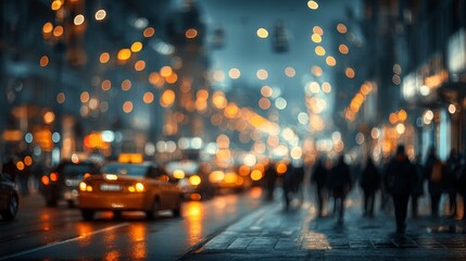 A busy city night scene with glowing lights, blurred motion of traffic, and bustling streets under a vibrant urban atmosphere, capturing the fast-paced lifestyle and dynamic energy of the metropolis.