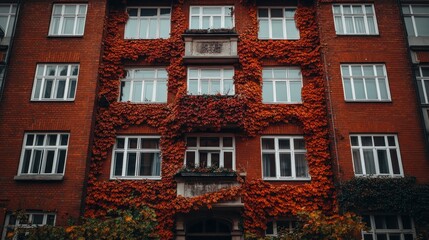 Fototapeta premium Autumnal Brick Building, Red Leaves Cascading Down Walls