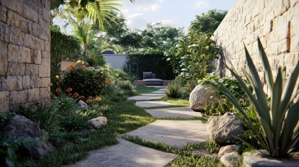 Obraz premium Serene Garden Path: A Tranquil Oasis of Stone Walls, Lush Greenery, and Sun-Dappled Pathways