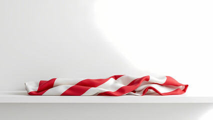 Obraz premium Red and White Striped Fabric Draped on White Shelf