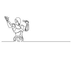 Continuous line art of a robot passionately singing into a microphone, futuristic performer in an expressive concert moment, minimalistic scifi music illustration.